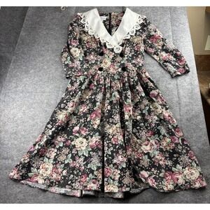 Vtg Women's 12P Petite Midi Dress Collared Floral Double Breasted Cottagecore